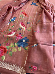 Antique Rose Suit Set with Thread Embroidery in Pure Mul Chanderi