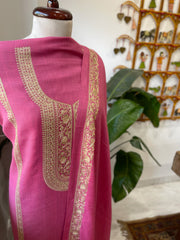 Candy Floss Pink Winter Suit Set with Aari Work in Pashmina Wool