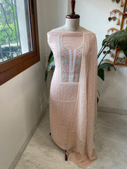 Peach Suit Set with Pearl, Cut Daana and Thread Handwork in Pure Mul Chanderi