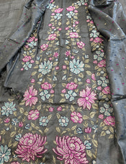 Grey Suit Set with Cross-Stitch Embroidery in Pure Tussar Silk