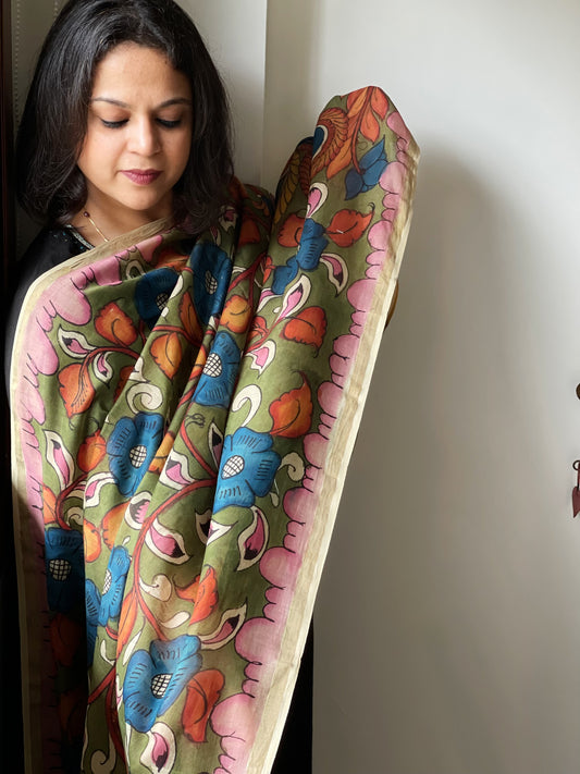 Handpainted Kalamkari Dupatta in Chanderi Silk