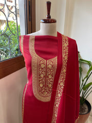 Red Winter Suit Set with Aari Work in Pashmina Wool