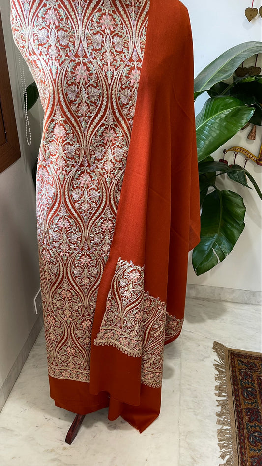 Rust Winter Suit Set with Aari Work in Pashmina Wool