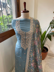 Blue Suit Set with Thread Embroidery and Pitta Work in Georgette
