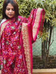 Pink Handwoven Ikat Patola with Gotapatti & Pearl Handwork dupatta in Pure Silk