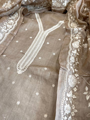Gold Suit Set with Thread Embroidery in Pure Tussar Silk