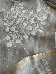 Grey Suit Set with Pearl, Cut Daana and Lucknowi Thread Handwork in Pure Mul Chanderi