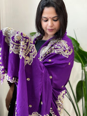 Purple Crepe Dupatta with Pearl, Cut Daana, Gold Thread & Sequin Embroidery