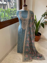 Blue Suit Set with Thread Embroidery and Pitta Work in Georgette