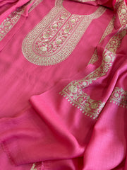 Candy Floss Pink Winter Suit Set with Aari Work in Pashmina Wool