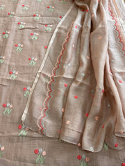 Antique Rose Suit Set with Thread Embroidery in Pure Mul