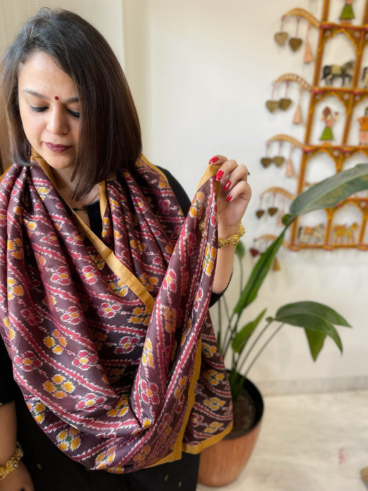 Brown Woven Ikat Stoles in Pure Silk