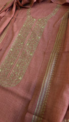 Peachish Pink Winter Suit Set with Aari Work in Pashmina Wool