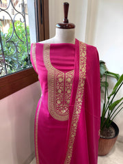 Fuscia Pink Winter Suit Set with Aari Work in Pashmina Wool