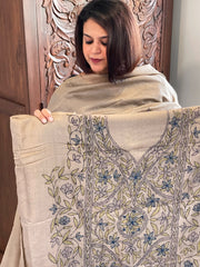 Lite Brown Suit Set with Kantha Handwork in Pure Tussar Silk