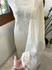 Off-White Suit Set with Thread and Parsi Gara Embroidery in Pure Mul Chanderi