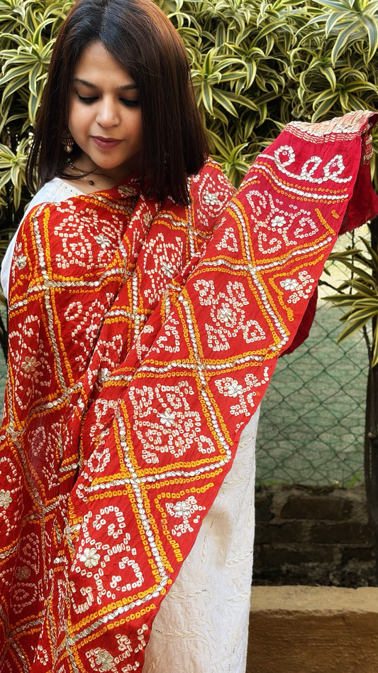 Rust Bandhani Dupatta with Gotapatti Handwork in Pure Silk