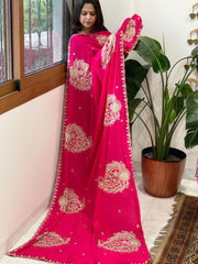 Coral Pink Crepe Dupatta with Pearl, Cut Daana, Gold Thread & Sequin Embroidery