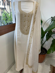 Ivory Winter Suit Set with Aari Work in Pashmina Wool