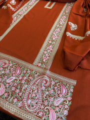 Rust Winter Suit Set with Aari Work in Pashmina Wool