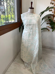 Off white, Sea green Applique Jaal Dupatta Suit Set in Chanderi