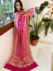 Pink Handwoven NeemZari Bareek Bandhani with Sequin, Dabka Handwork in Pure Georgette