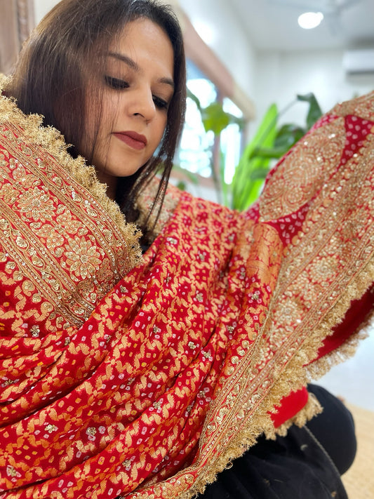 Tomato Red Handwoven NeemZari Bareek Bandhani with Sequin, Dabka Handwork in Pure Georgette