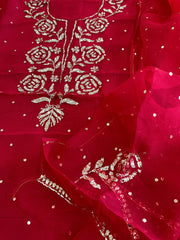 Reddish Maroon Suit Set with Mukaish Badla Handwork in Pure Organza