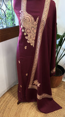 Wine Winter Suit Set with Aari Work in Pashmina Wool