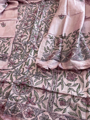 Lavender Suit Set with Kantha Handwork in Pure Tussar Silk