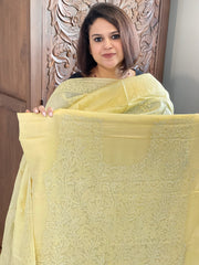 Yellow Suit Set with Lucknowi Handwork in Pure Tussar Silk