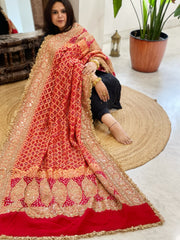 Tomato Red Handwoven NeemZari Bareek Bandhani with Sequin, Dabka Handwork in Pure Georgette