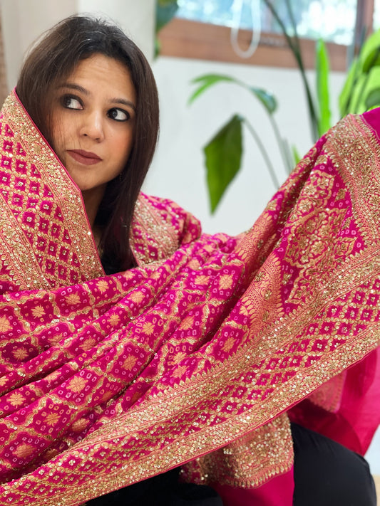 Pink Handwoven NeemZari Bareek Bandhani with Sequin, Dabka Handwork in Pure Georgette