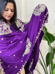 Purple Crepe Dupatta with Pearl, Cut Daana, Gold Thread & Sequin Embroidery