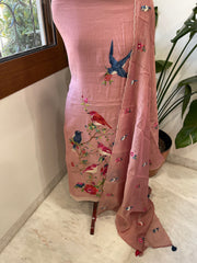 Dusty Pink Suit Set with Thread Embroidery in Pure Mul Chanderi