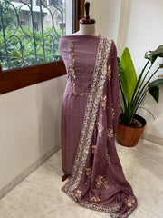Mauve Suit Set with Thread Handwork and Parsi Gara Dupatta in Mul Cotton