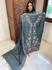 Grey Suit Set with Cross-Stitch Embroidery in Pure Tussar Silk