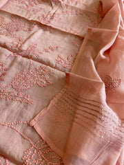 Peach Mul chanderi Suit Set With Knot & Sequin Handwork