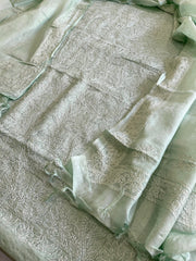 Aqua Suit Set with Lucknowi Handwork in Pure Tussar Silk