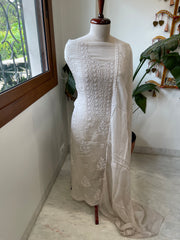 Greyish Beige Suit Set with Lucknowi and Pearl Handwork in Organza Crepe