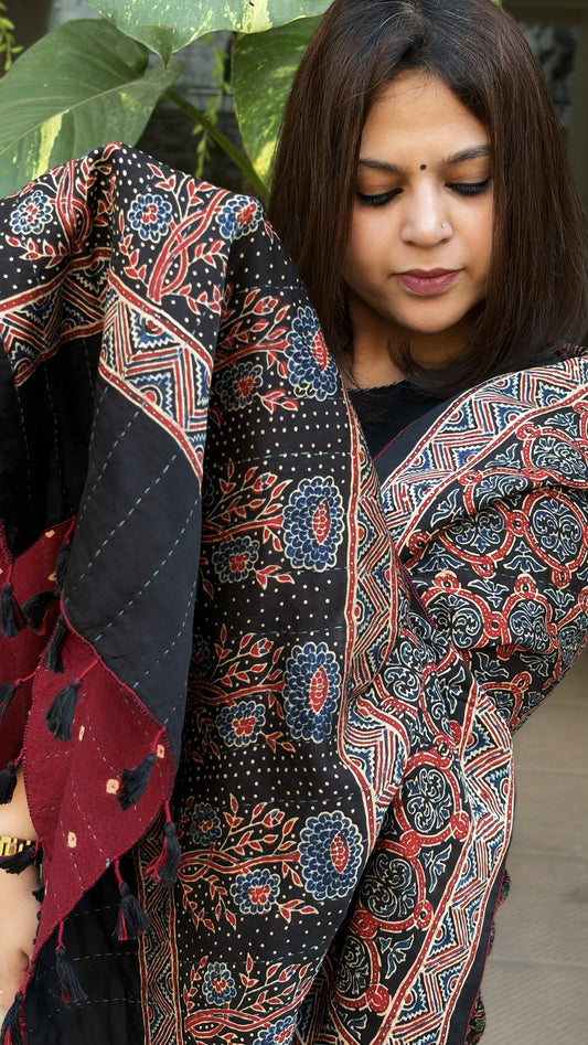 Black Ajrakh Handblock Printed Silk-Woollen Shawl