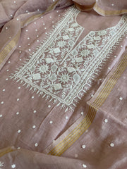 Pinkish Mauve Suit Set with Pearl, Cut Daana and Lucknowi Thread Handwork in Pure Mul Chanderi