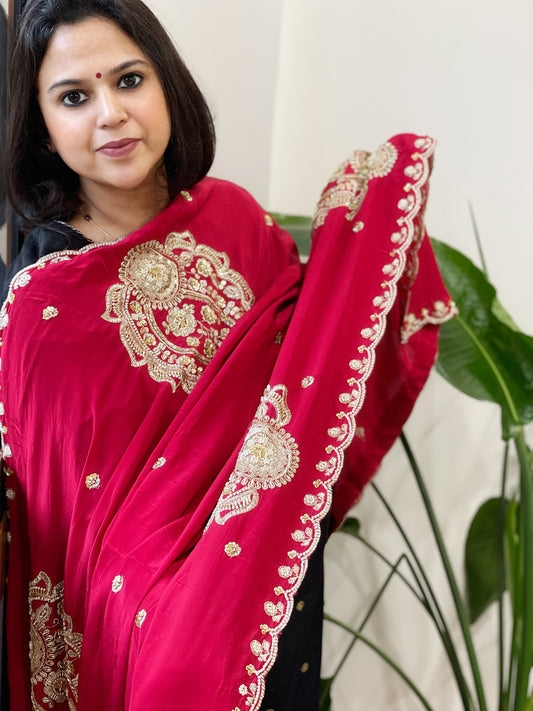 Red Crepe Dupatta with Pearl, Cut Daana, Gold Thread & Sequin Embroidery