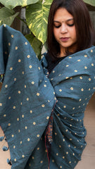 Black, Blue Ajrakh Handblock Printed Silk-Woollen Shawl