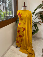 Mustard Yellow Crepe Suit Set With Knot & Sequin Handwork