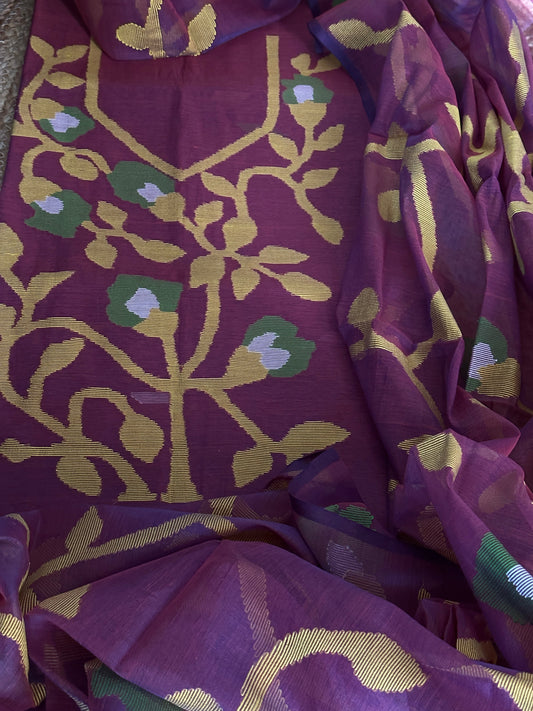 Handwoven Jamdani Dupatta Set (Kurta Fabric+Dupatta) in Pure Muslin