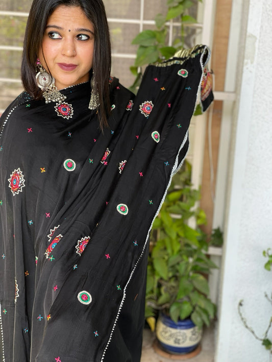 Heavy Kutchi Embroidery Dupatta with Zari Pallu in Modal Silk