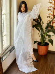 White Kota Cotton Dupatta with Cut Work