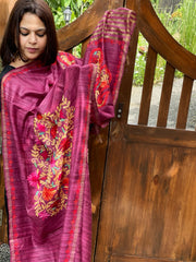 Wine Kashmiri Aari Embroidered Dupatta in Geecha Silk