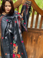 Black Kashmiri Aari Embroidered Dupatta in Geecha Silk
